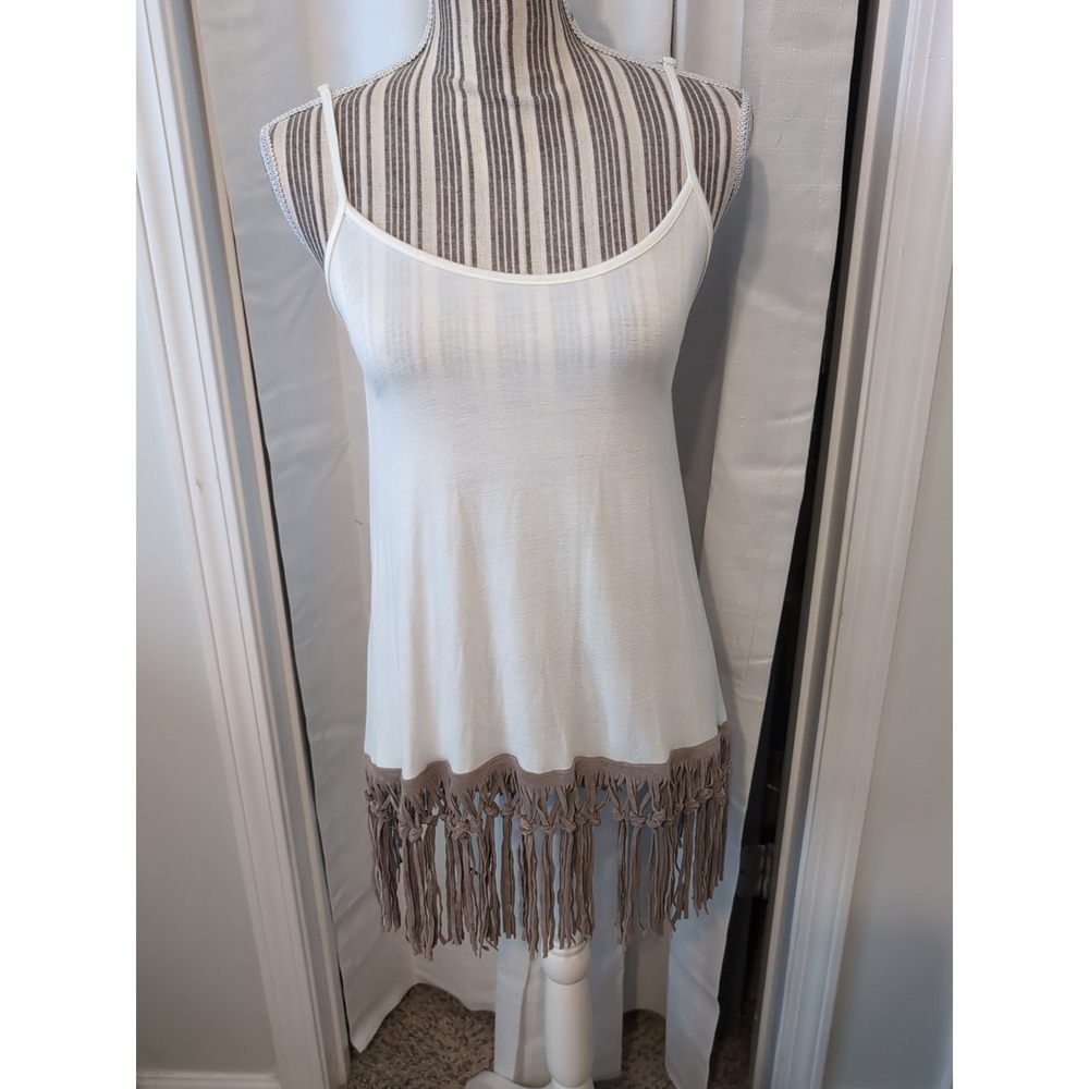 NWT Origami by Vivian Long Ivory Tank With Fringe Size Small Boho Hippie Cottage